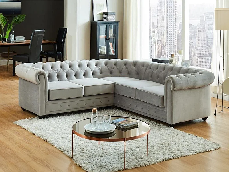 Canapé d'angle en velours CHESTERFIELD - Gris clair