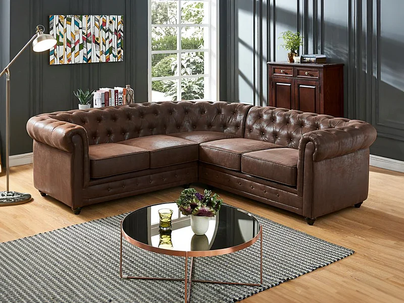 Sofá rinconero CHESTERFIELD de microfibra con aspecto de cuero envejecido