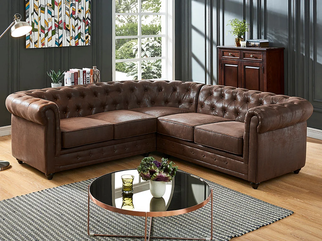 Canapé d'angle CHESTERFIELD en microfibre aspect cuir vieilli