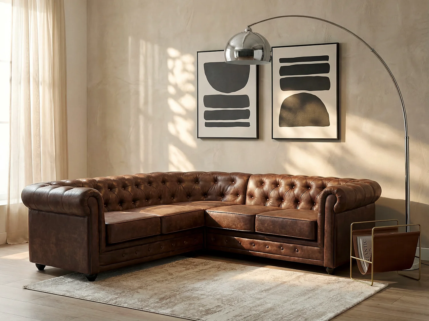 Canapé d'angle CHESTERFIELD en microfibre aspect cuir vieilli