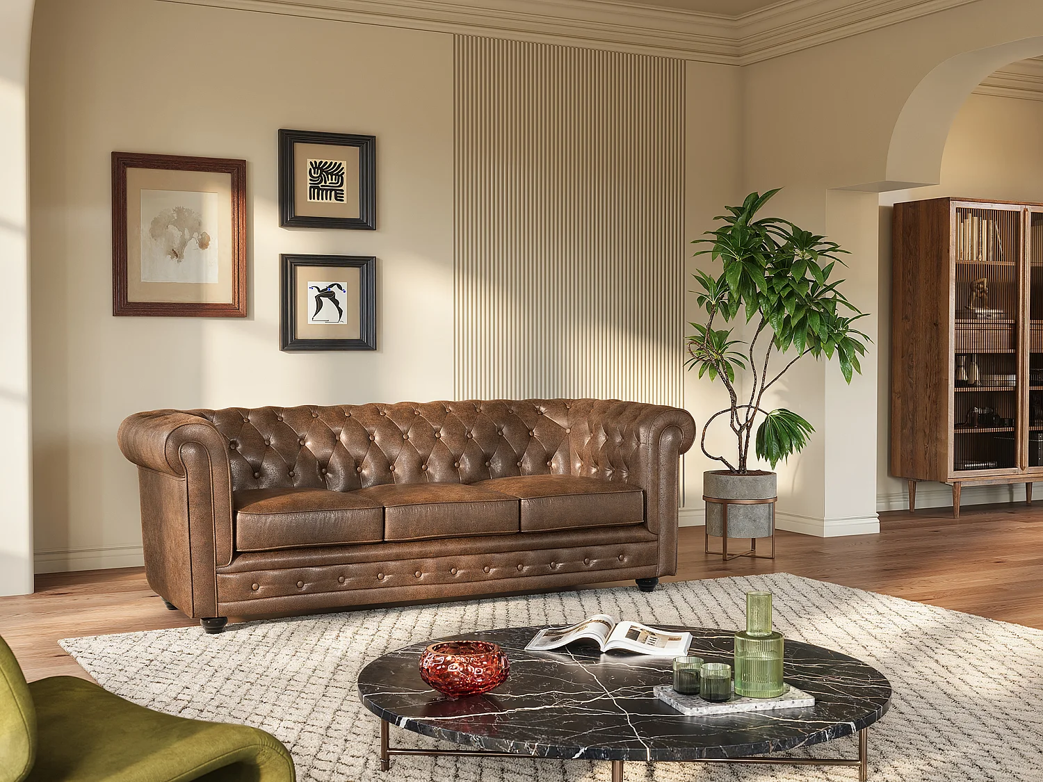 Canapé 3 places CHESTERFIELD en microfibre aspect cuir vieilli