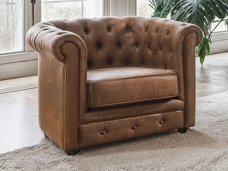 Fauteuil CHESTERFIELD en microfibre aspect cuir vieilli