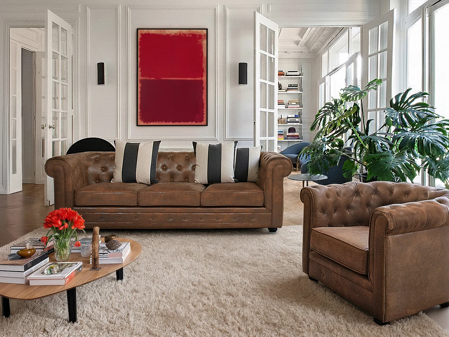 Fauteuil CHESTERFIELD en microfibre aspect cuir vieilli