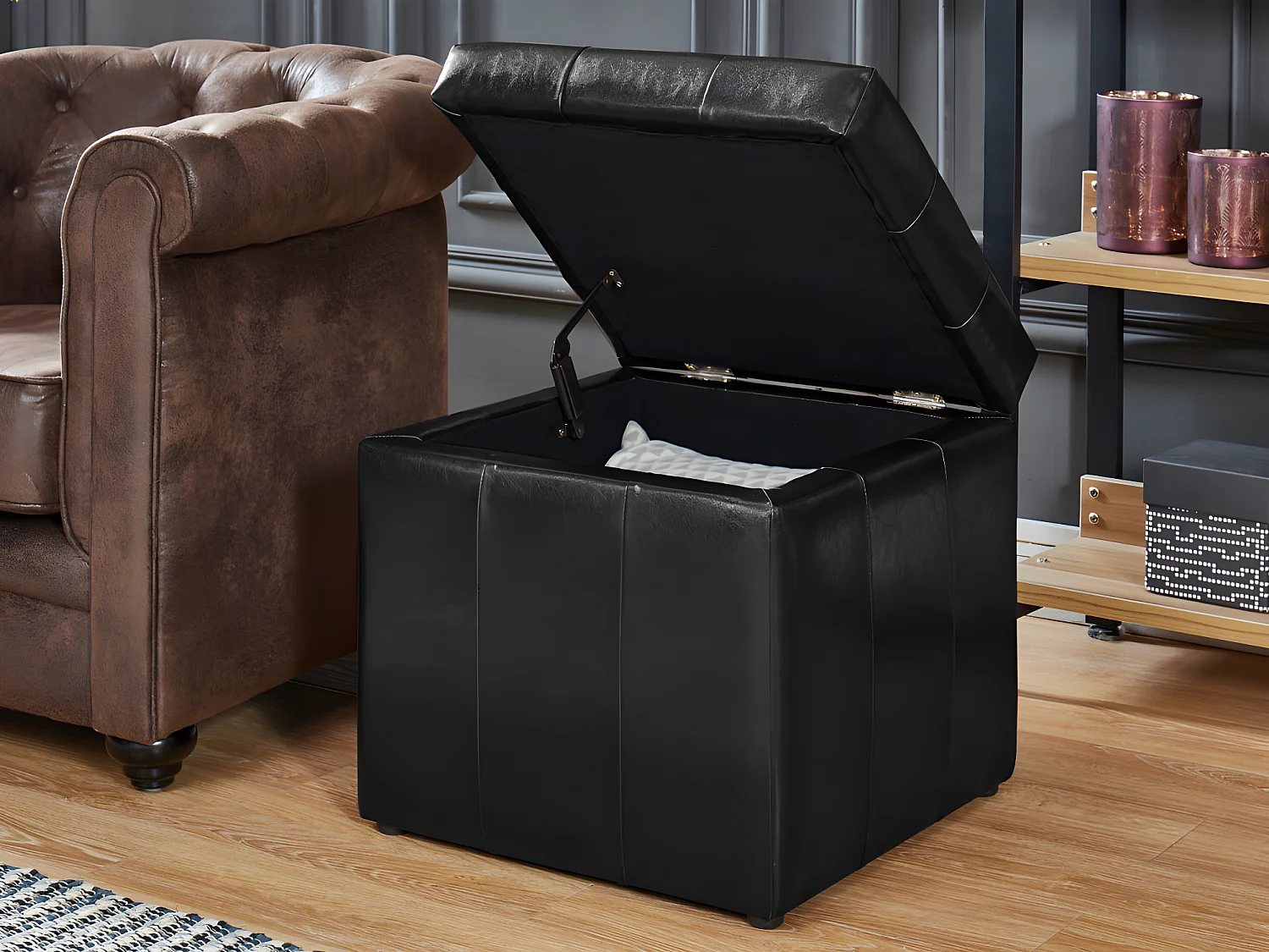 Pouf coffre de rangement SERAFINO en simili - Noir