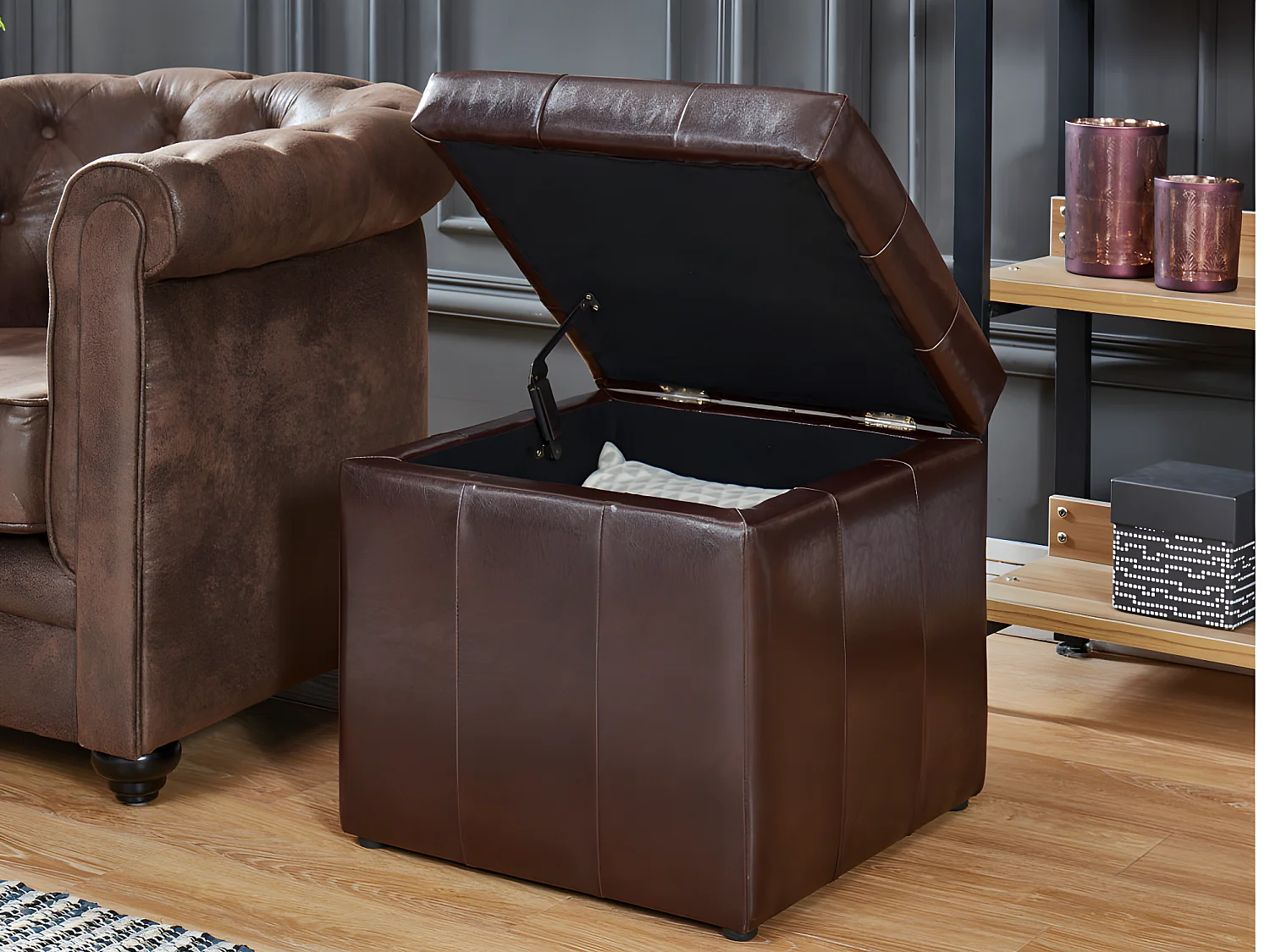 Pouf coffre de rangement SERAFINO en simili - Marron