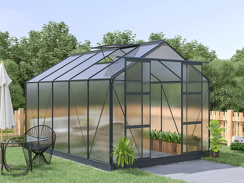 Serre de Jardin en polycarbonate de 9 m² avec embase - Anthracite - COROLLE II