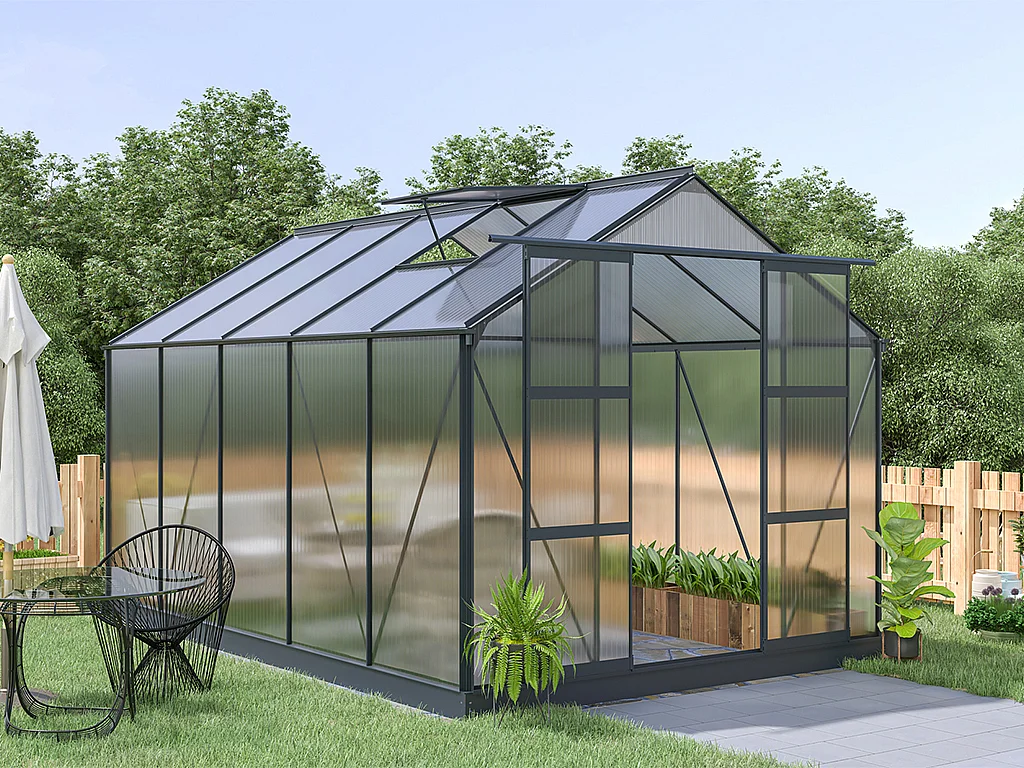 Estufa de jardim em policarbonato de 9 m² COROLLE II com base - Cinza antracite 