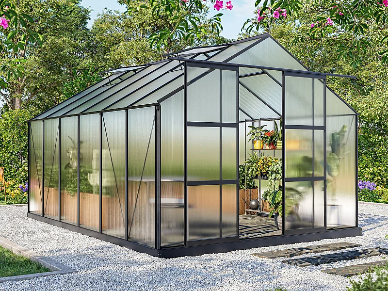 Serre de Jardin en polycarbonate de 13 m² avec embase - Anthracite -  KALIDA