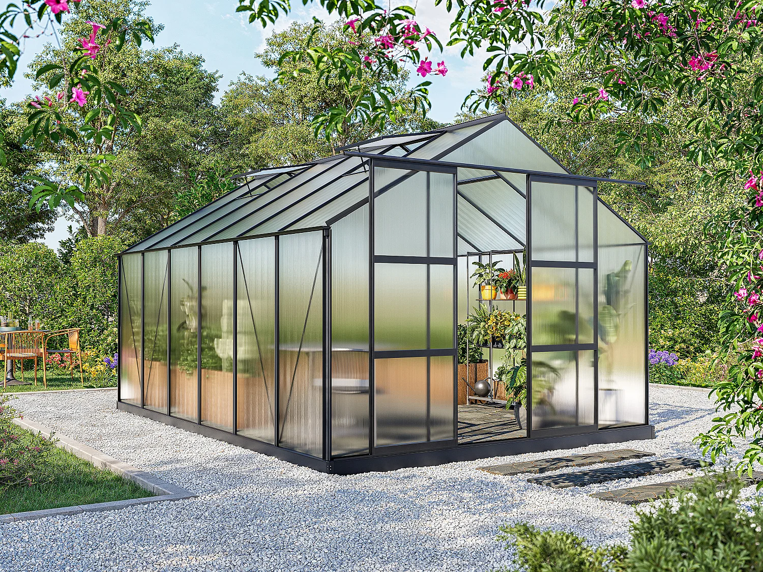 Serre de Jardin en polycarbonate de 13 m² avec embase - Anthracite -  KALIDA