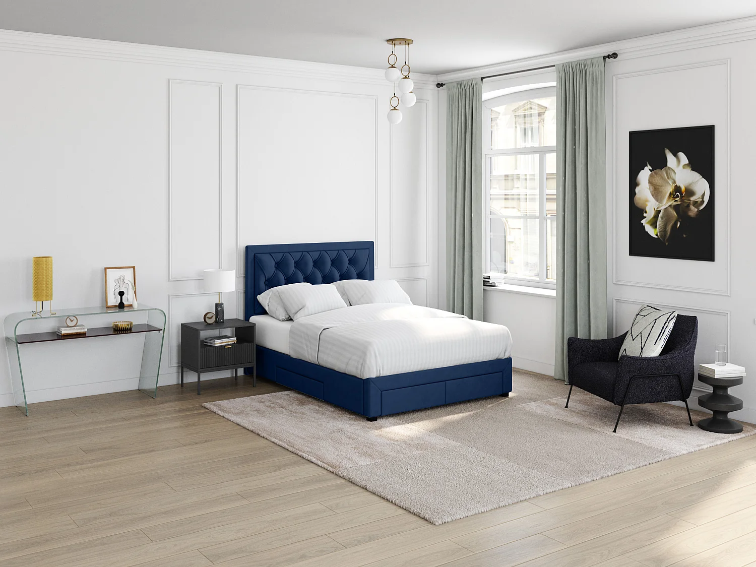 Letto matrimoniale con cassetti 160 x 200 cm in Velluto Blu - LEOPOLD