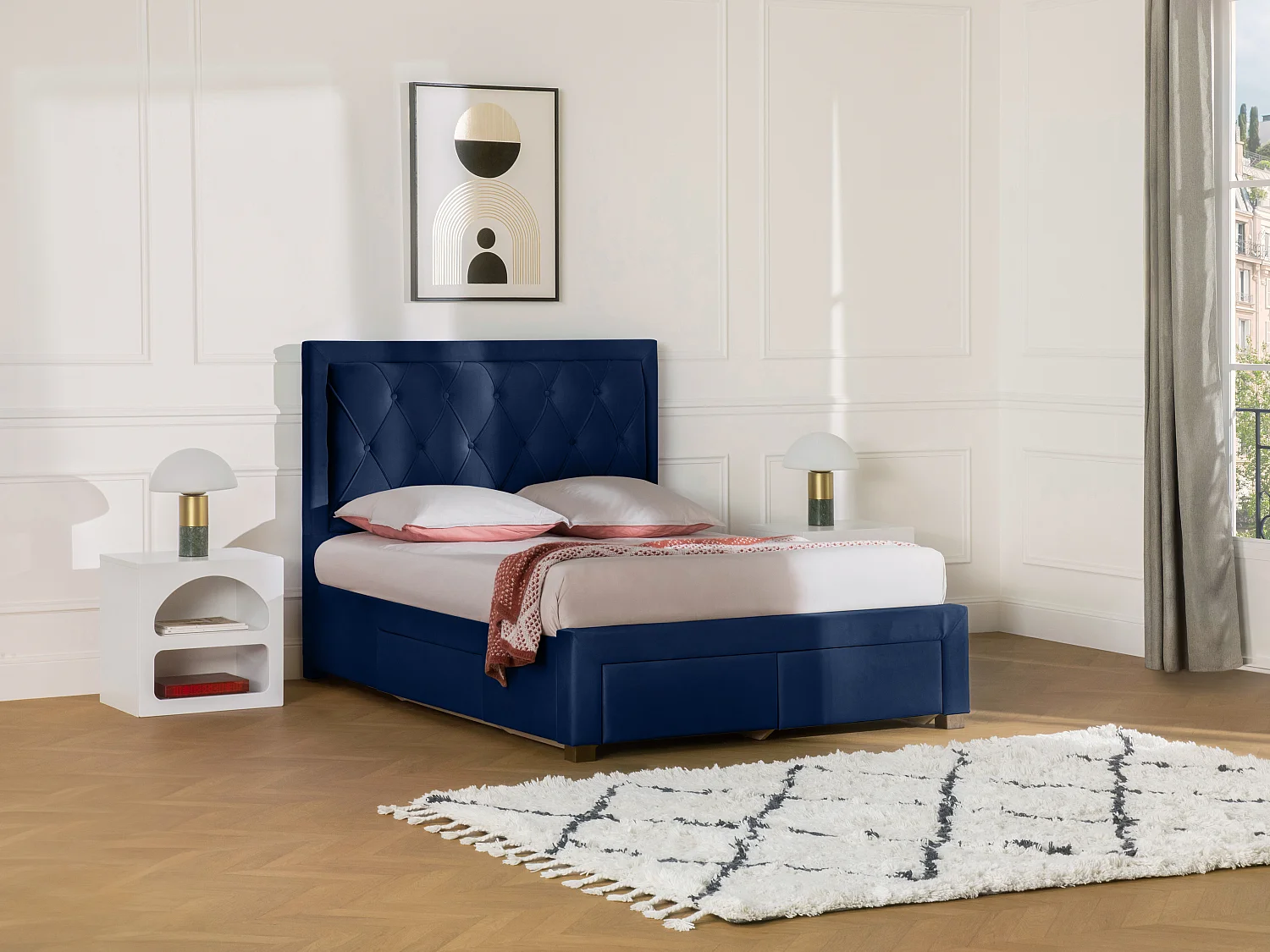 Cama com gavetas - Veludo azul - 160 x 200 cm - LEOPOLD