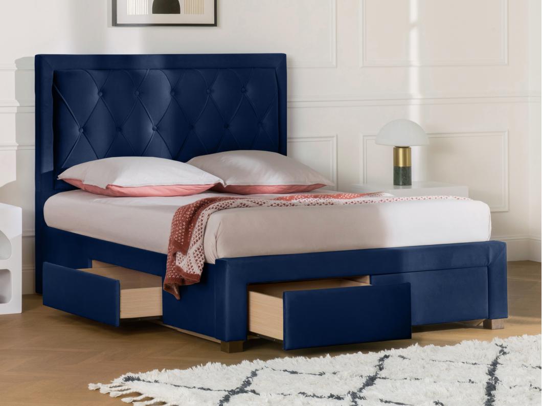 Lit avec tiroirs 160 x 200 cm - Tissu velours bleu - LEOPOLD