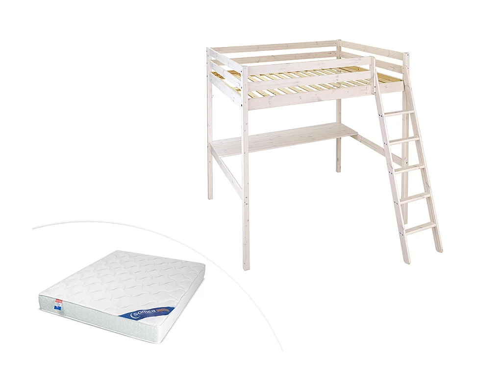 Lit mezzanine GEDEON - 140 x 190 cm - Avec bureau - Pin massif - Blanchi + matelas