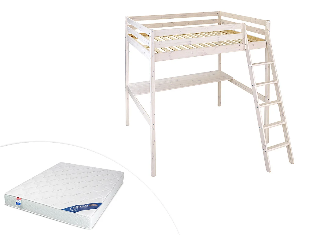 Lit mezzanine GEDEON - 140 x 190 cm - Avec bureau - Pin massif - Blanchi + matelas