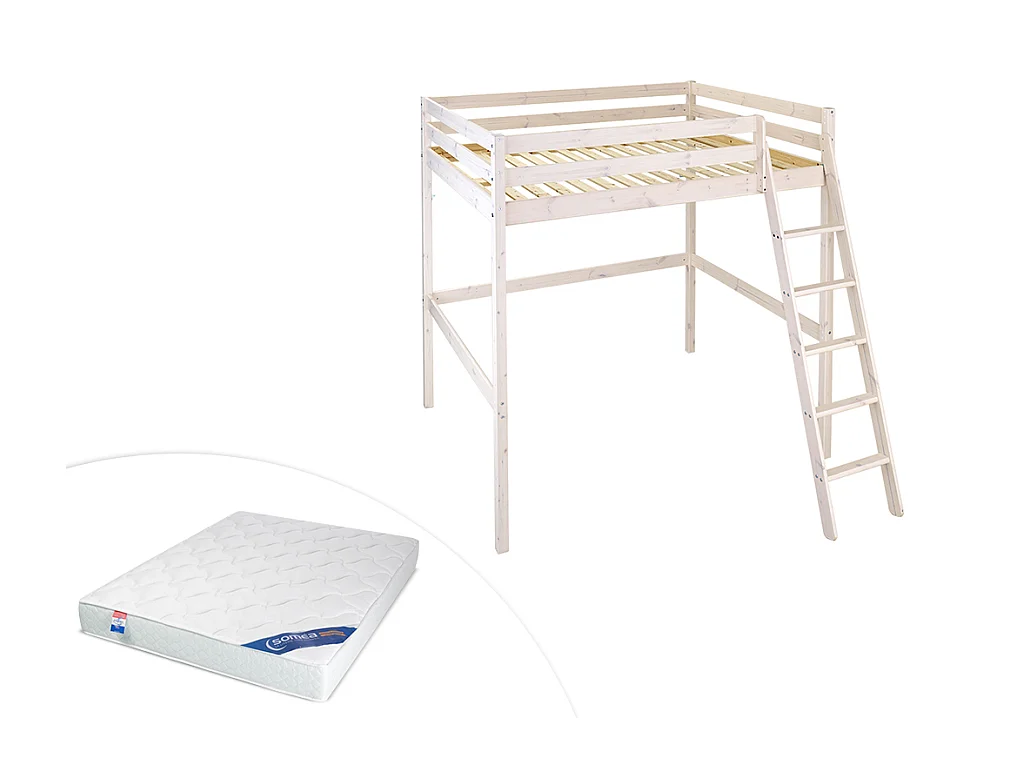 Hoogslaper GEDEON - 140 x 190 cm - Massief grenen - Gebleekt + matras