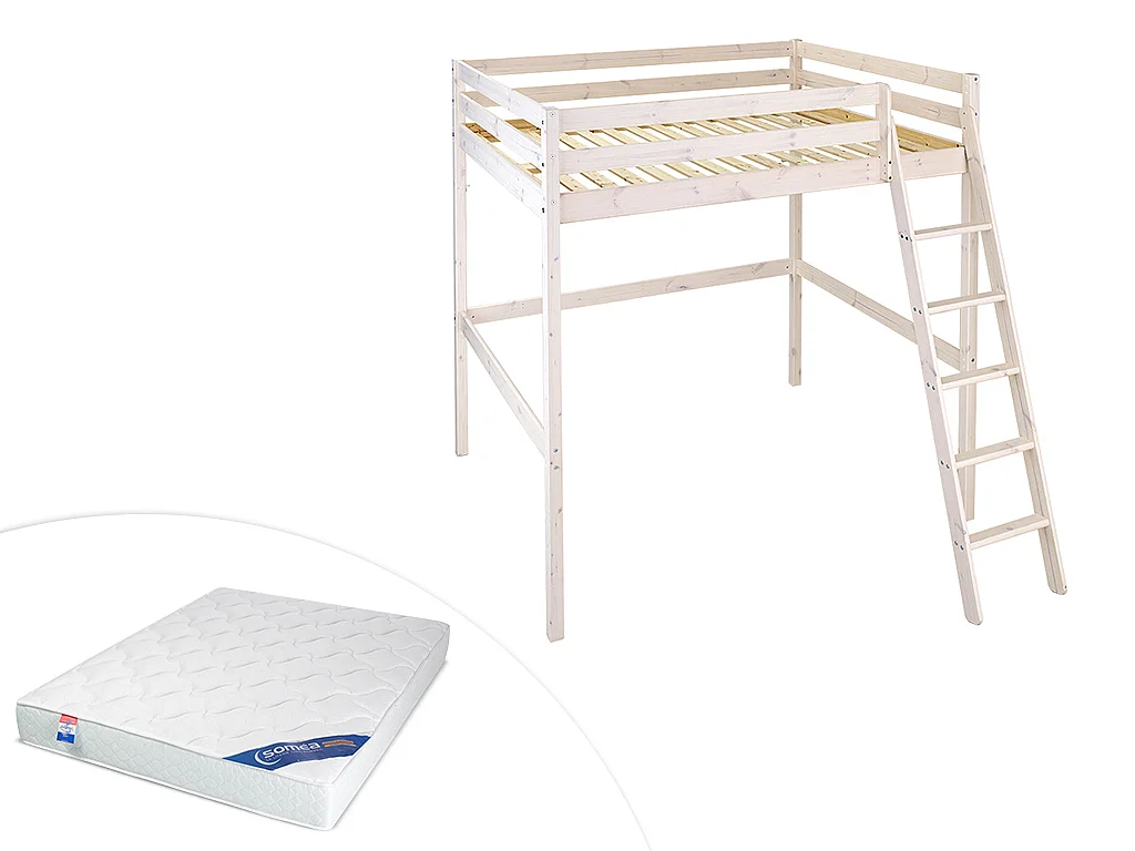 Hoogslaper GEDEON - 140 x 190 cm - Massief grenen - Gebleekt + matras