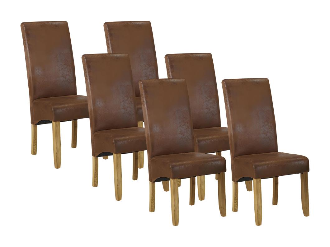 Lot de 6 chaises SANTOS - Microfibre aspect cuir vieilli - Pieds bois clair