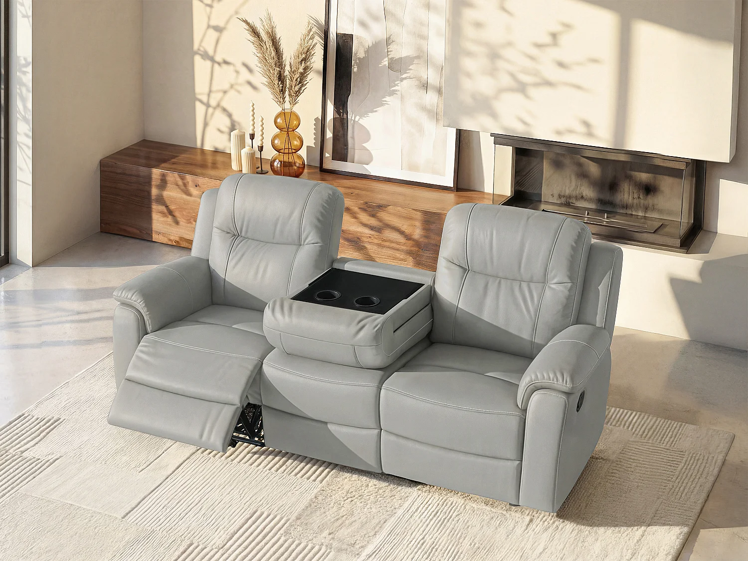 3-personers sofa med relax-funktion EVASION i læder - Lysegrå