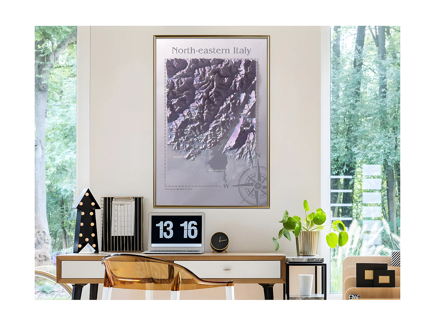 Affiche Murale Encadrée "Raised Relief Map North-Eastern Italy" 40 x 60 cm Or