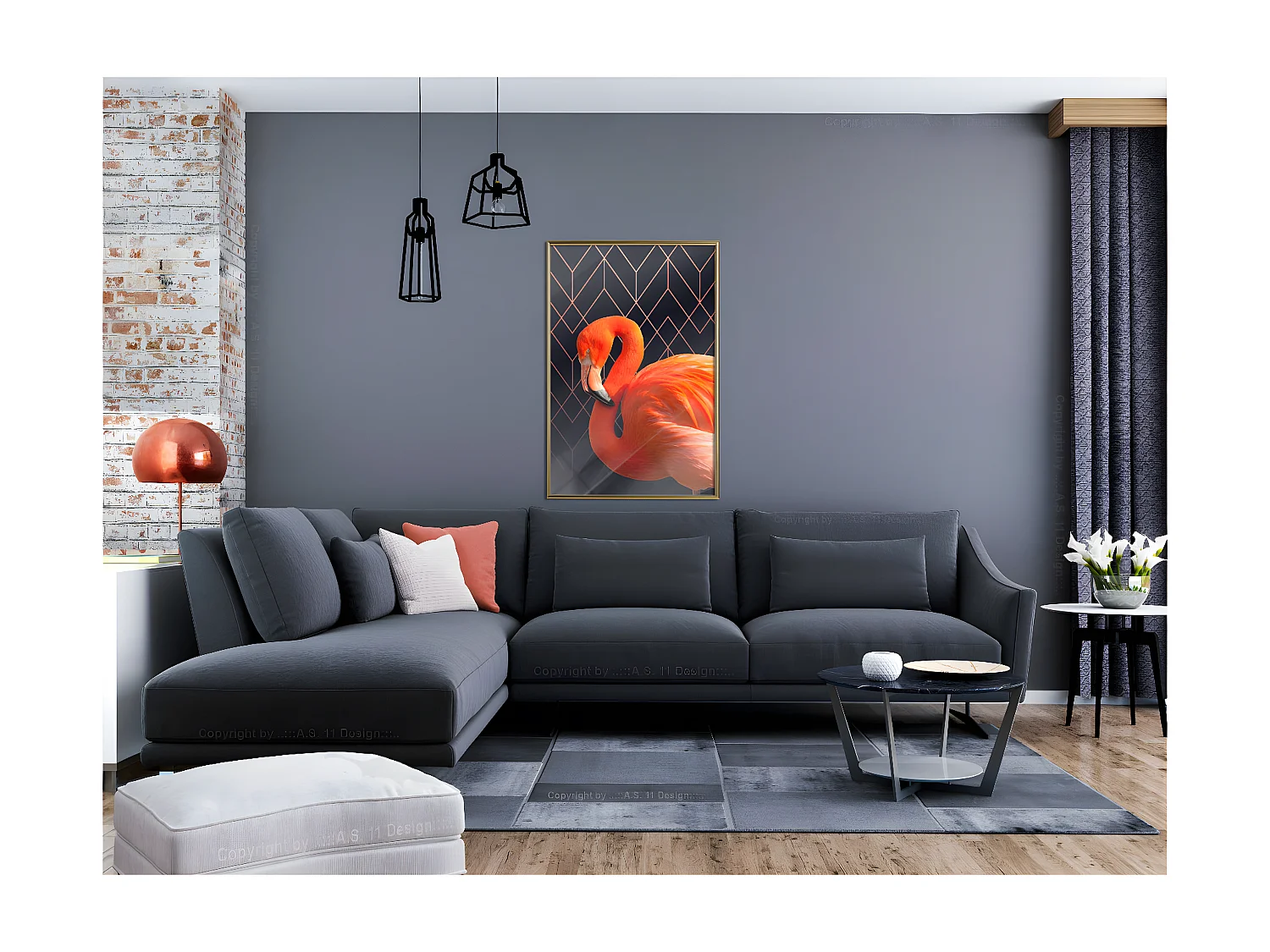 Affiche Murale Encadrée "Orange Flamingo" 40 x 60 cm Or