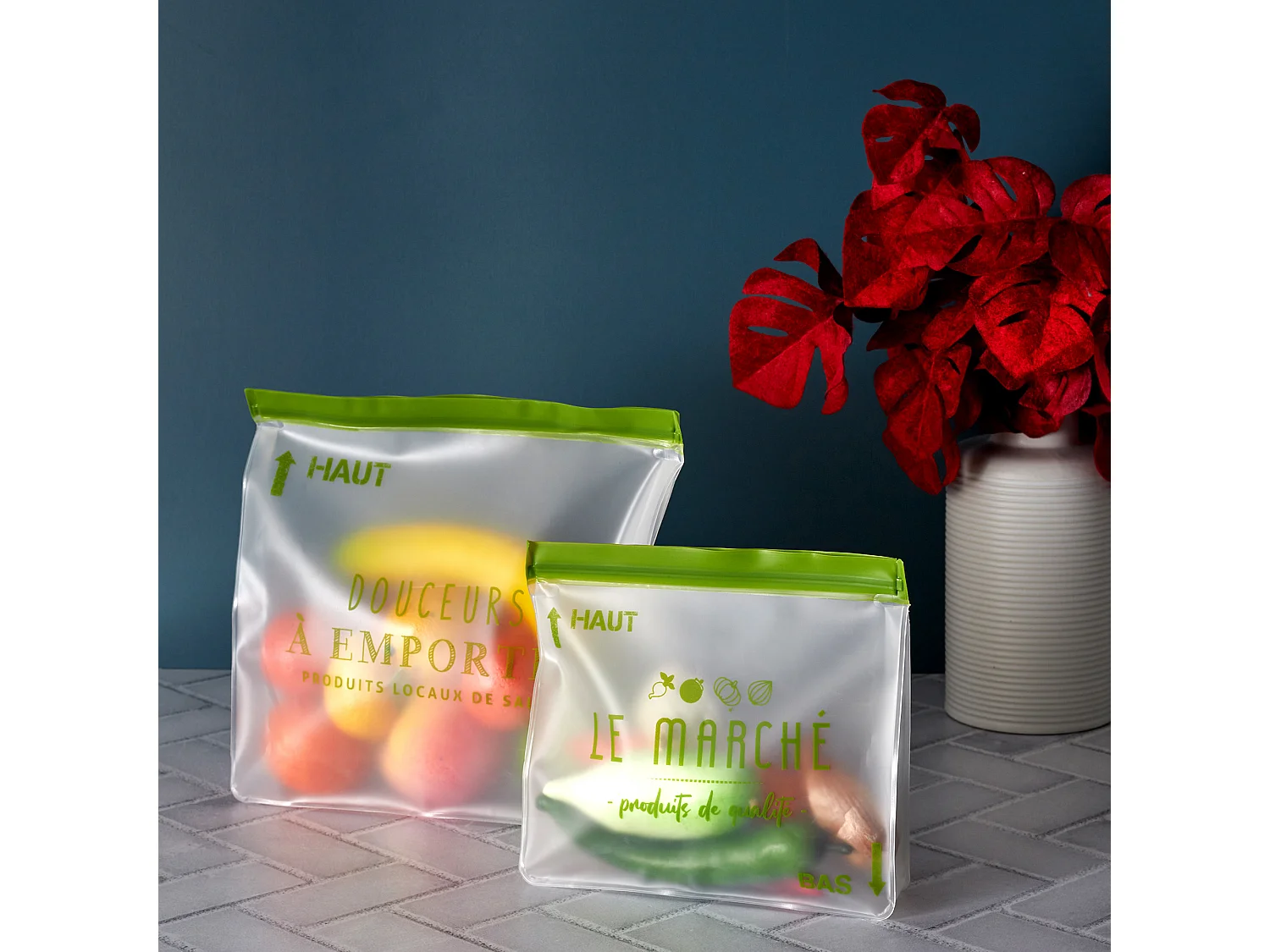 Lot de 2 Sacs de Conservation - COOK CONCEPT - Réutilisables - Imprimés - Transparent et Vert