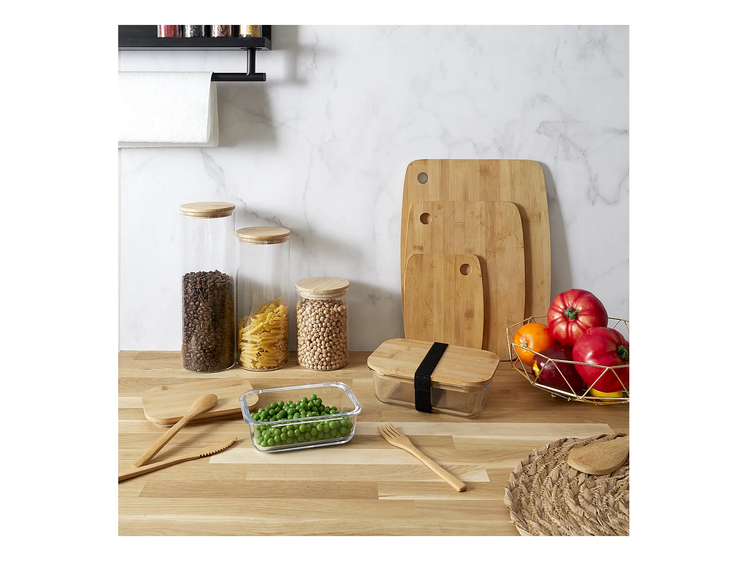 Bocal En Verre Et Bambou 1.6l Transparent, Beige