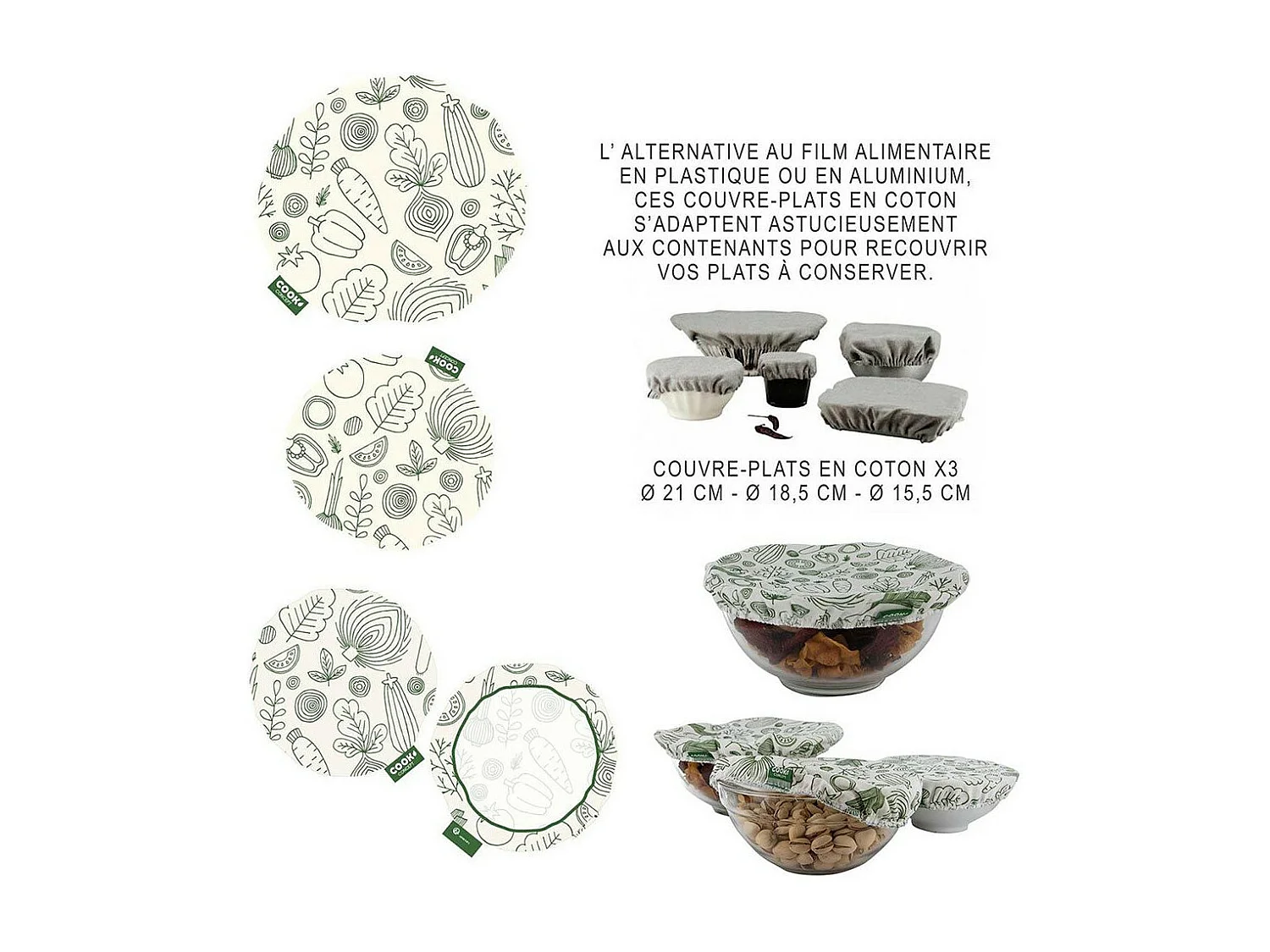 Lot de 3 Couvercles Tissu "Réutilisables" 21cm Blanc