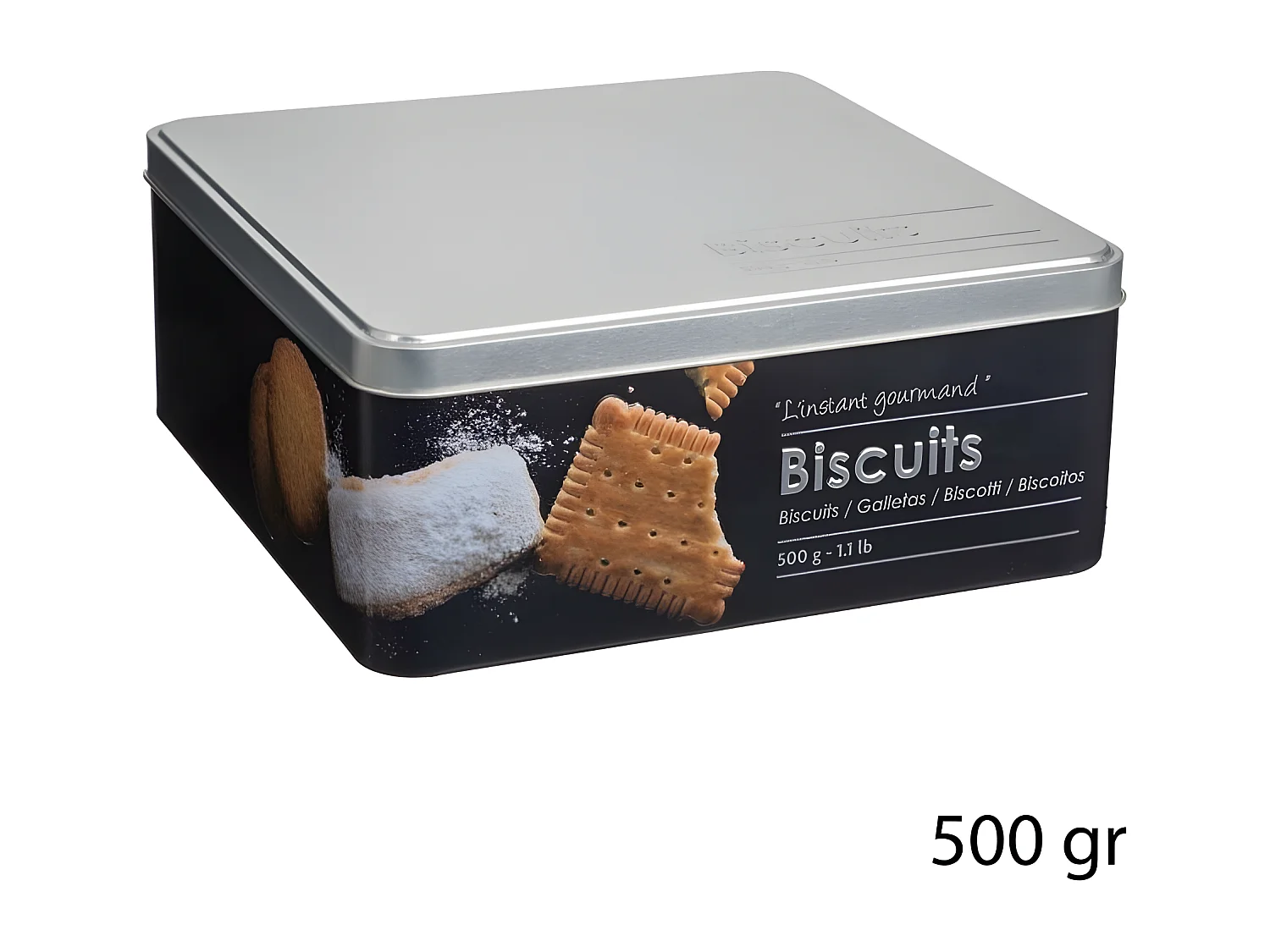 Keksdose aus schwarzem Eisen mit Relief 500gr 20x20x h 8,2 cm