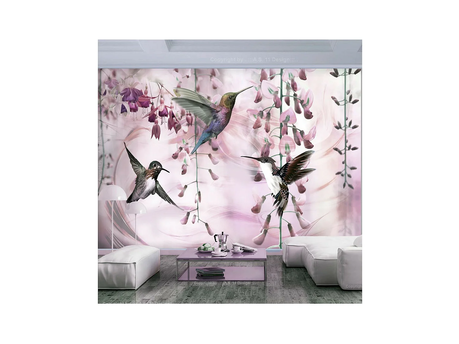 Papier Peint "Flying Hummingbirds Pink" 210 x 300 cm