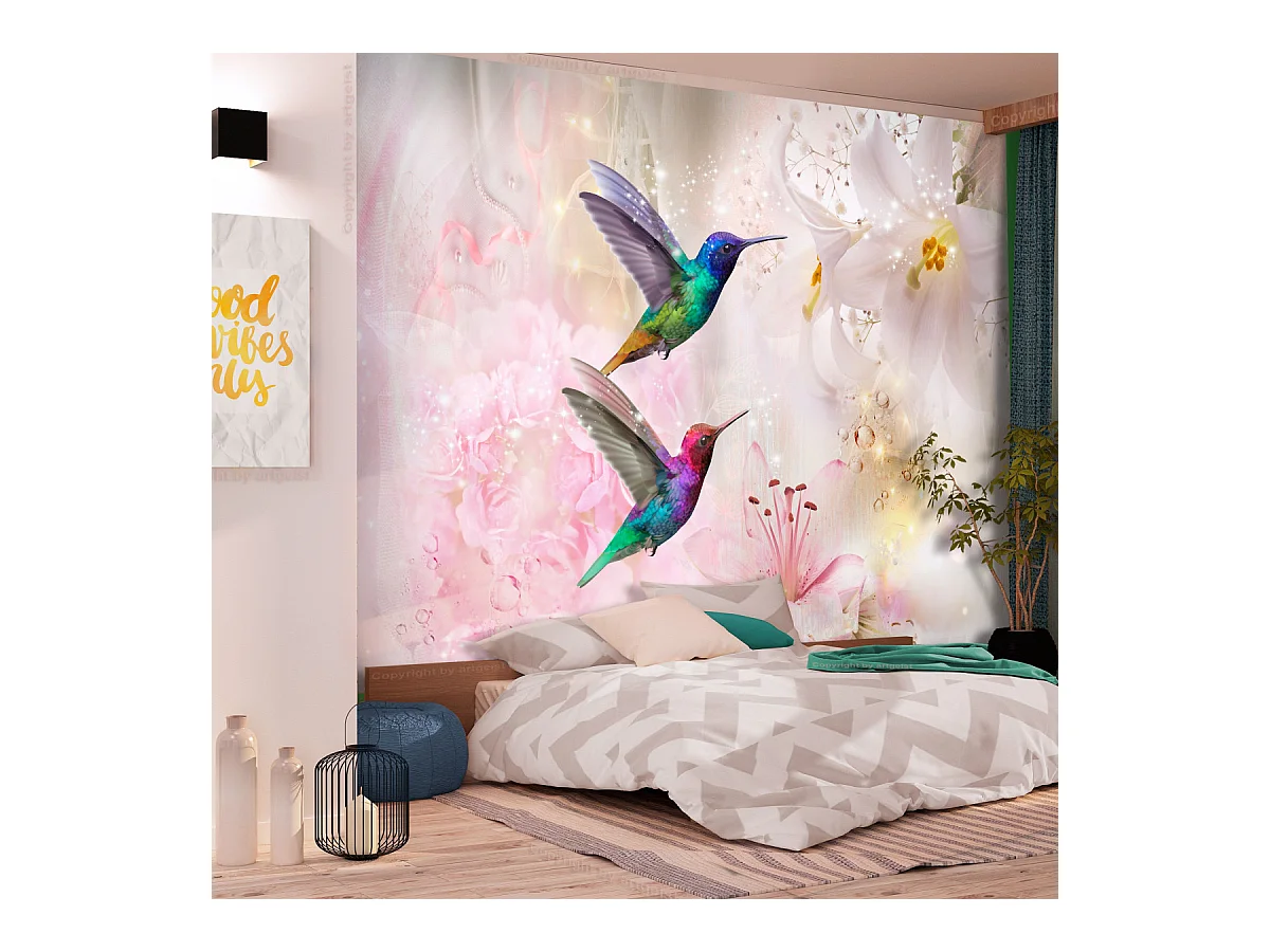 Papier Peint "Colourful Hummingbirds Pink" 105 x 150 cm