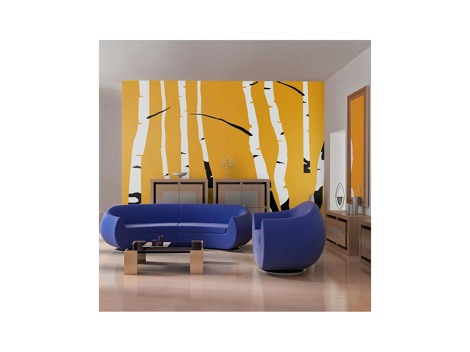 Papier Peint "Birches on the Orange Background" 193 x 250 cm