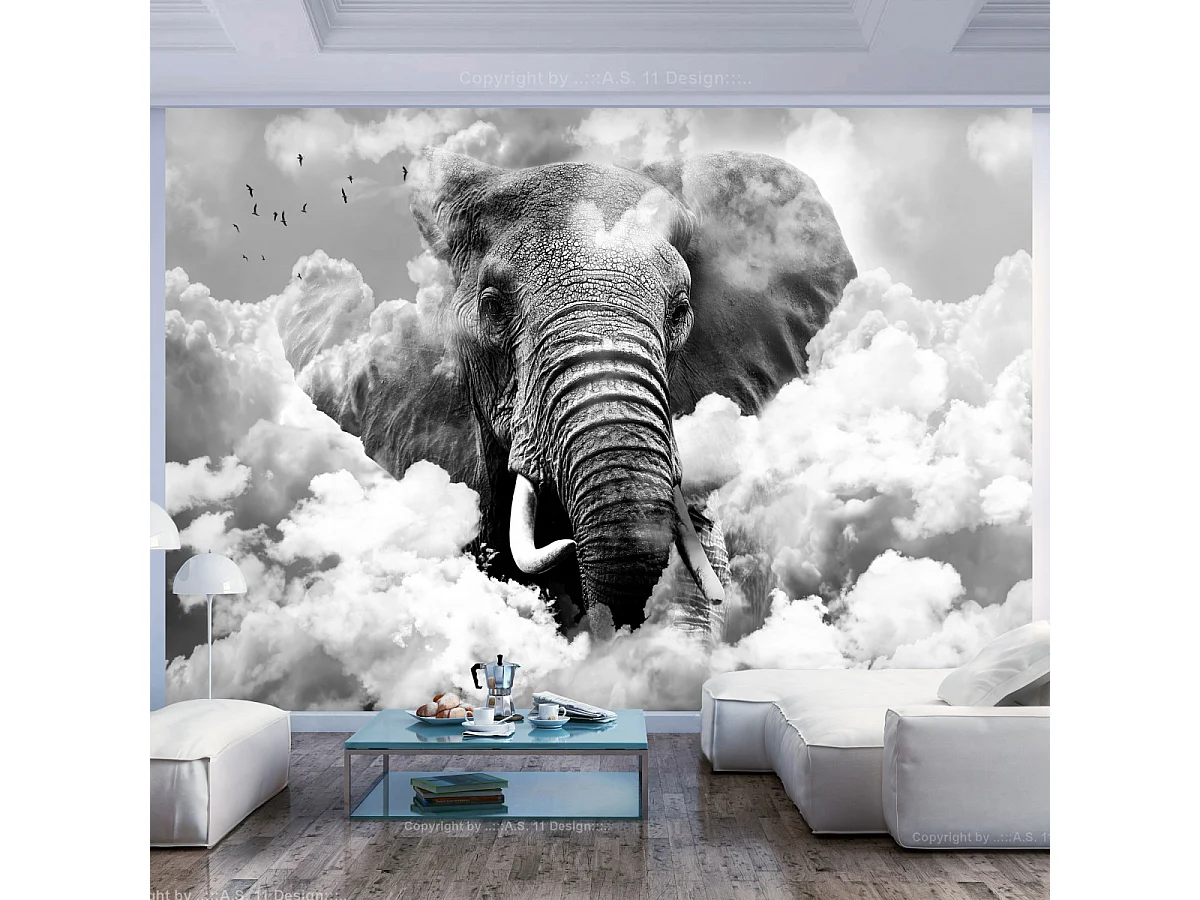 Papier Peint "Elephant in the Clouds Black & White" 210 x 300 cm
