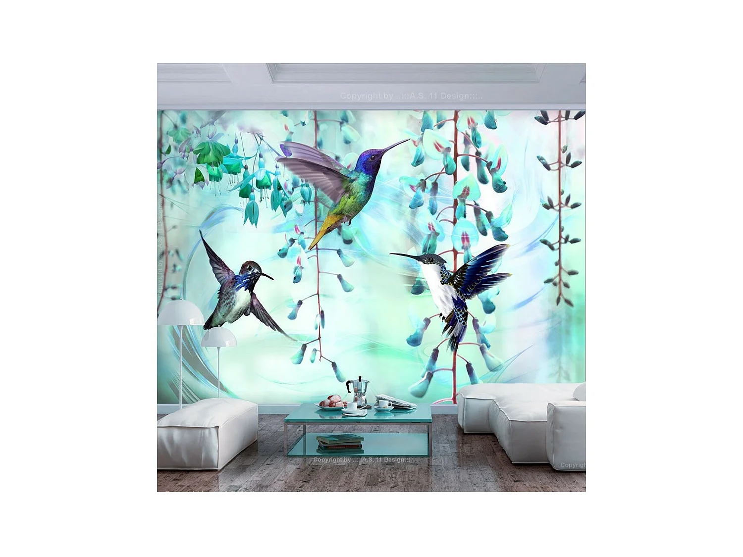 Papier Peint "Flying Hummingbirds Green" 70 x 100 cm