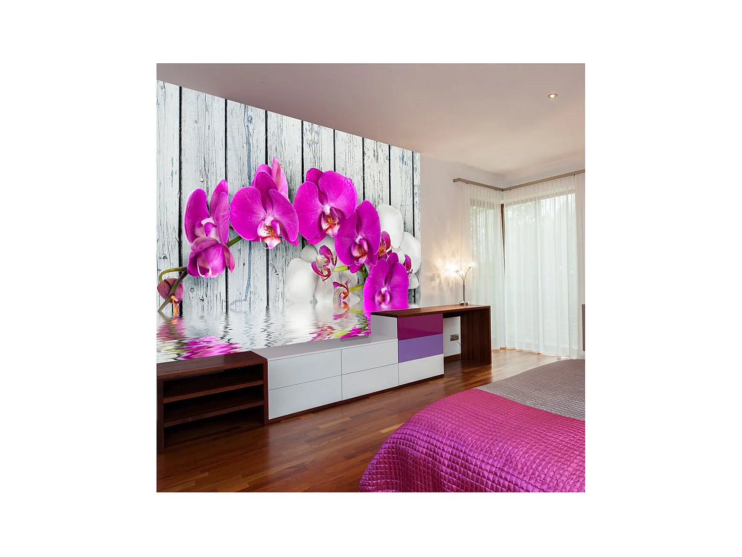 Papier Peint "Violet Orchids with Water Reflexion" 193 x 250 cm