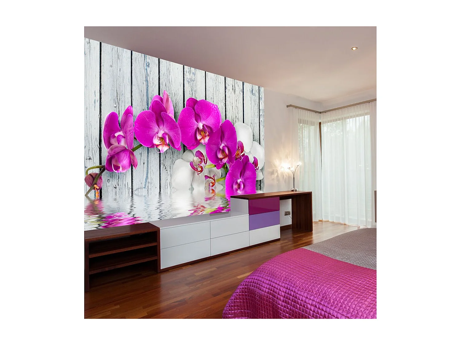 Papier Peint "Violet Orchids with Water Reflexion" 193 x 250 cm