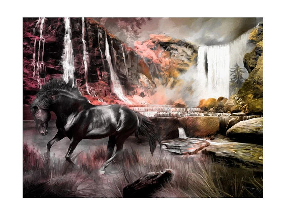 Papier Peint "Cheval Noir & Cascade" 231 x 300 cm