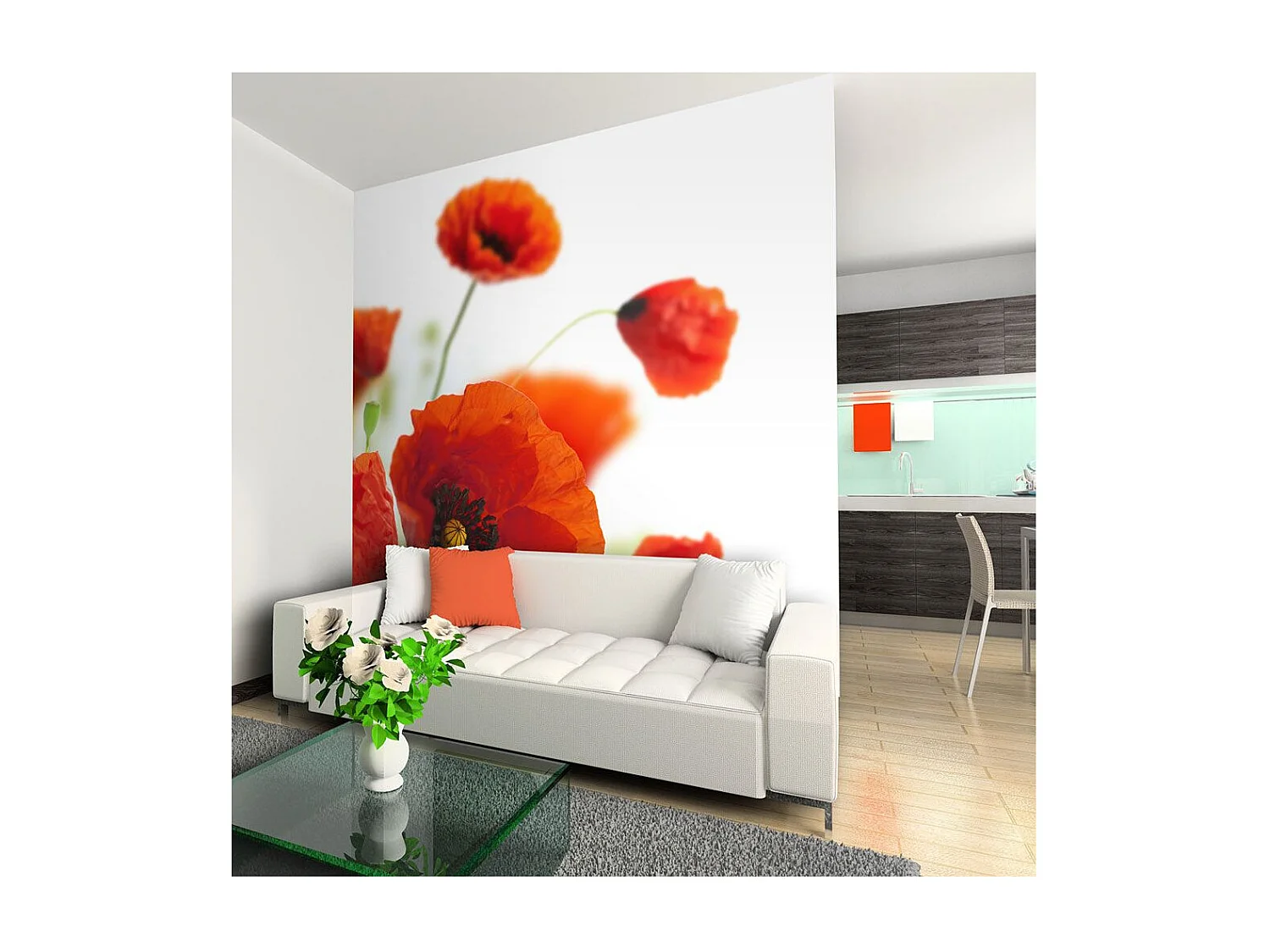 Papier Peint "Poppies on the Wihite Background" 193 x 250 cm