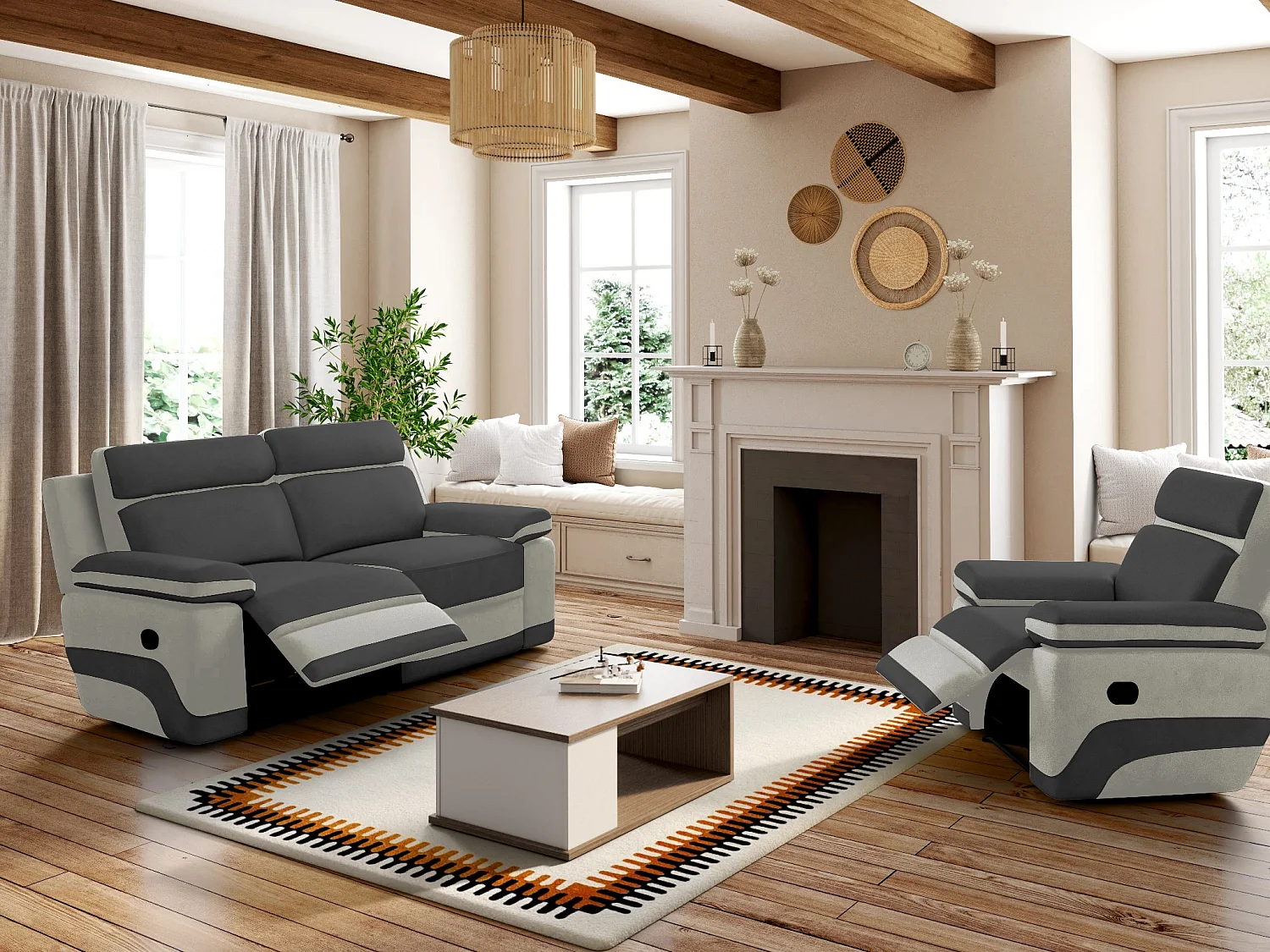 Relaxsofa 3-Sitzer - Microfaser - Anthrazit & Hellgrau - TALCA