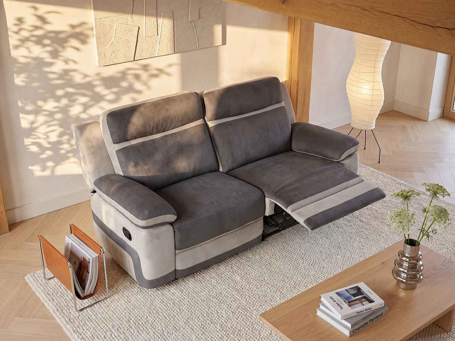 Canapé 3 places relax en microfibre anthracite et bandes gris clair TALCA