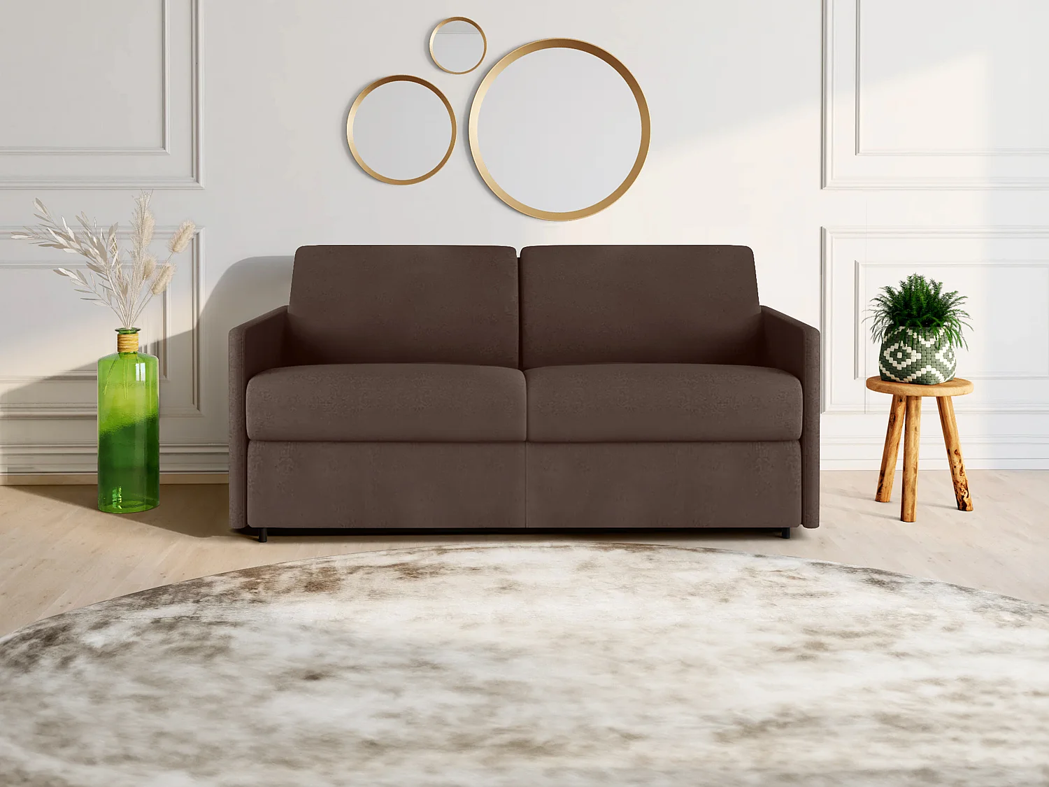 Canapé 3 places convertible express en tissu marron - Couchage 140 cm - matelas 18 cm CALIFE
