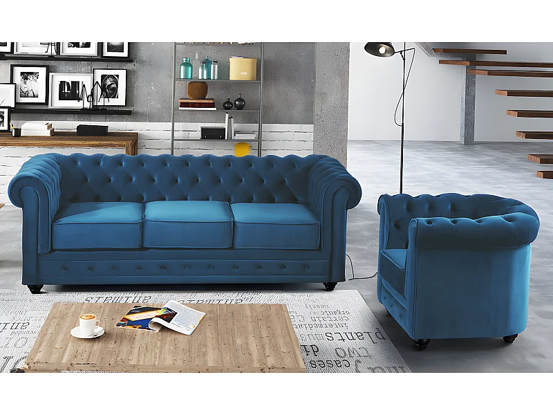 Sofá de 3 lugares e cadeirão CHESTERFIELD - Veludo azul esverdeado