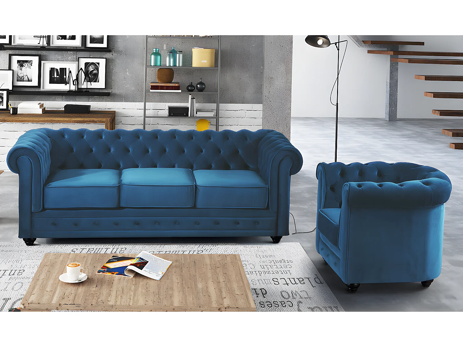 Canapé 3 places et fauteuil CHESTERFIELD - Velours bleu canard