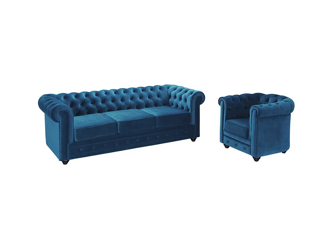 Canapé 3 places et fauteuil CHESTERFIELD - Velours bleu canard