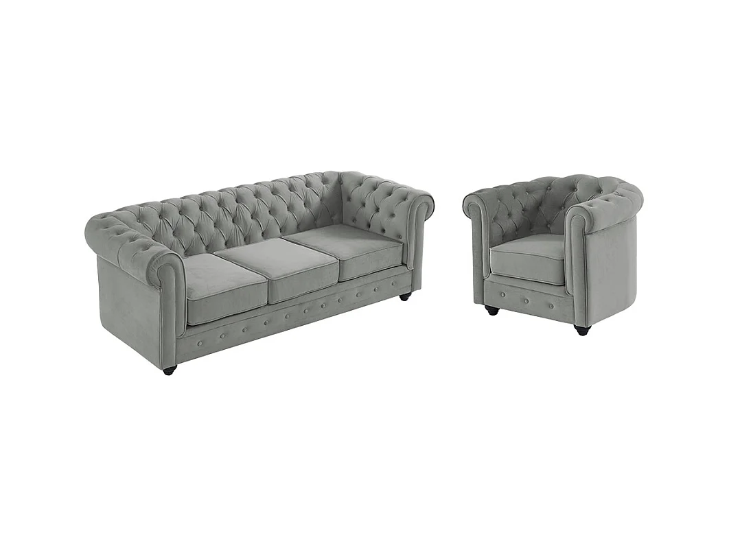 Canapé 3 places et fauteuil CHESTERFIELD - Velours gris clair