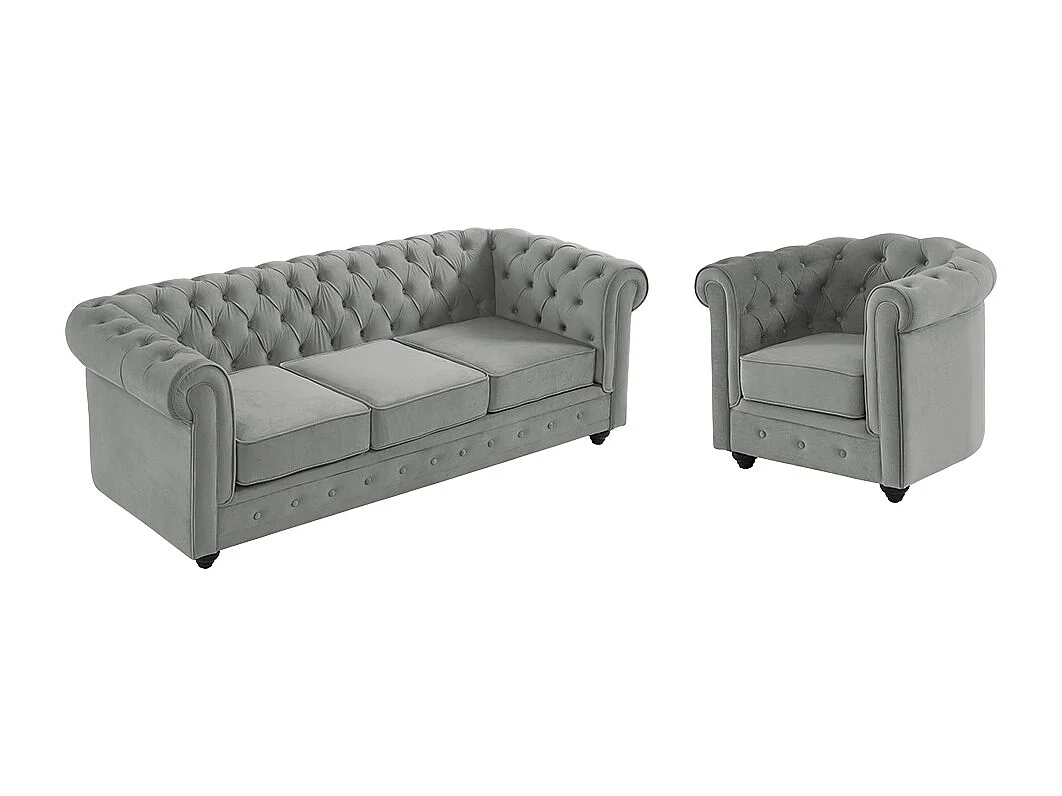 Canapé 3 places et fauteuil CHESTERFIELD - Velours gris clair