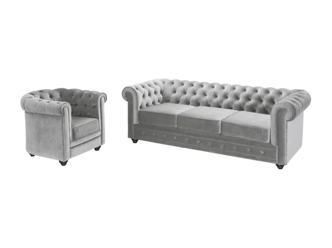 Canapé 3 places et fauteuil CHESTERFIELD - Velours gris clair