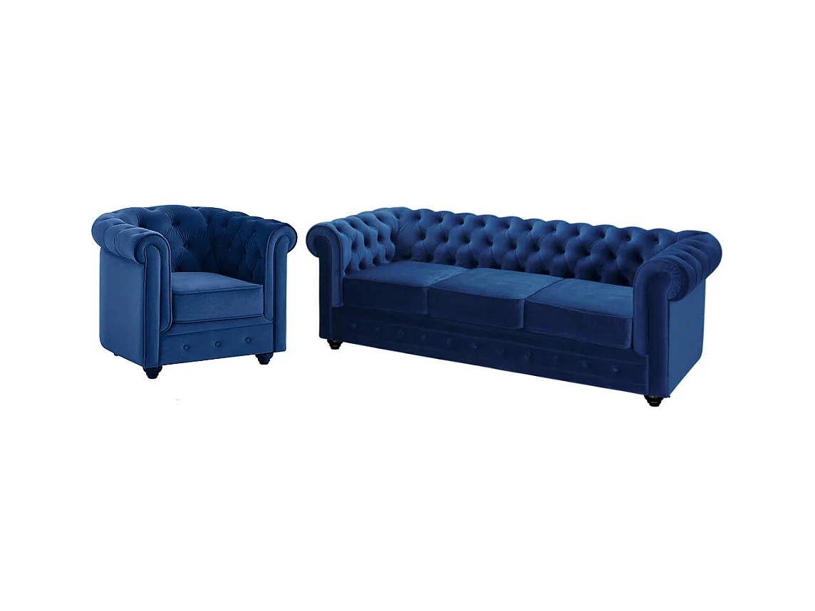 Canapé 3 places et fauteuil CHESTERFIELD - Velours bleu roi