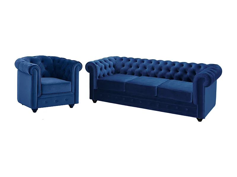 Divano 3 posti e poltrona CHESTERFIELD in velluto Blu notte