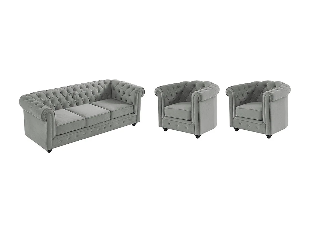 Canapé 3 places et 2 fauteuils CHESTERFIELD - Velours gris clair