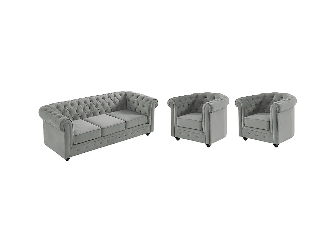 Driezitsbank en 2 fauteuils CHESTERFIELD - velours - lichtgrijs